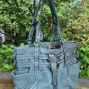 B. Makowsky Teal Green Leather Bag Large silver Hardware Dble Belt Outside